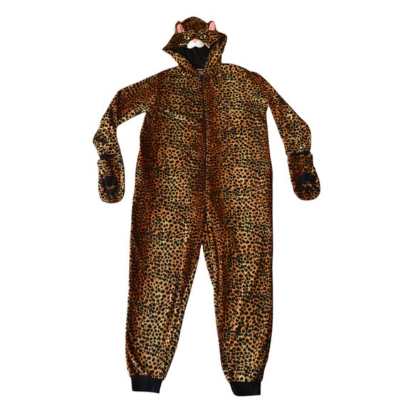 Xhilaration Plush Leopard Cat Hoodie Onesie Sleepwear Size L - Picture 1 of 7